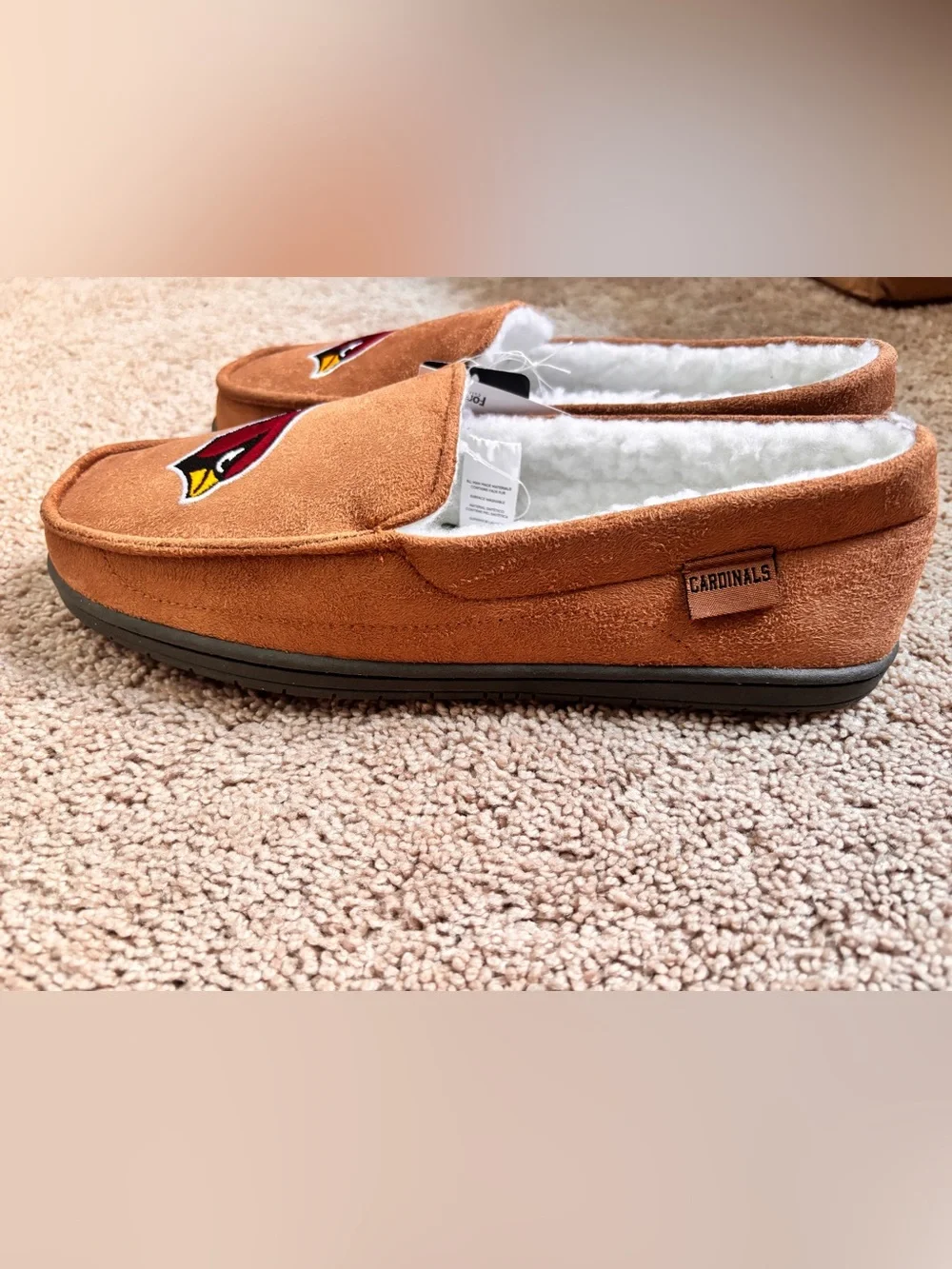 NFL Brown Suede Slip-On Slippers with Red Cardinal Logo